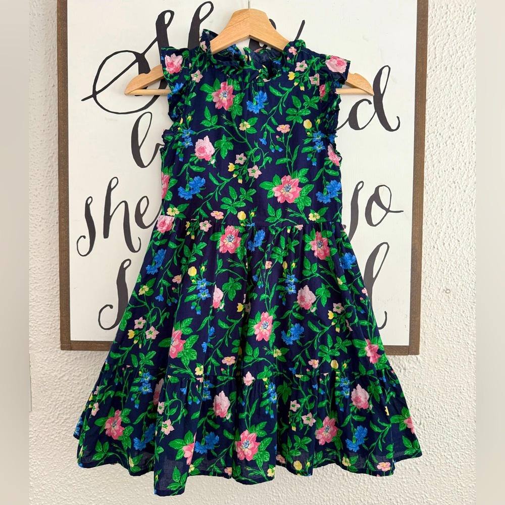 Janie and Jack Navy Floral Ruffle Neck Dress w/ Button Up Back - 10